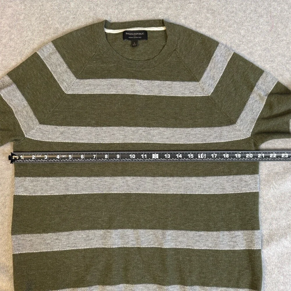 Banana Republic Cotton Sweater Mens Size L Olive Green Gray Striped Crewneck